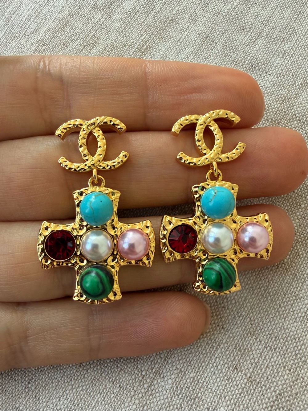 💖CHANEL Gold Cross Drop Earrings with Turquoise, Green, Red and Pink Accents💚❤️🩵 - Picture 8 of 9